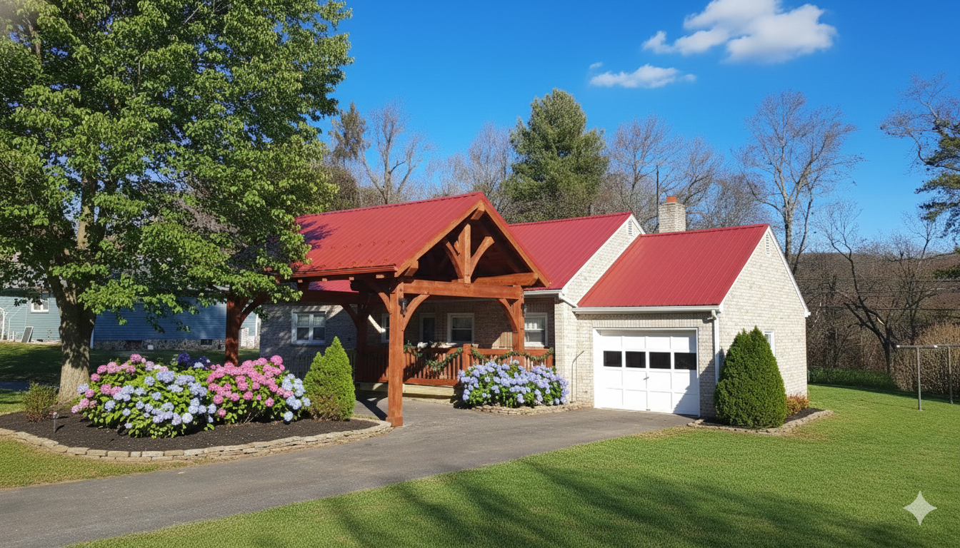 A house with a red metal roof, timber-framed porch, and white garage, set in a sunny yard with hydrangeas and trees.