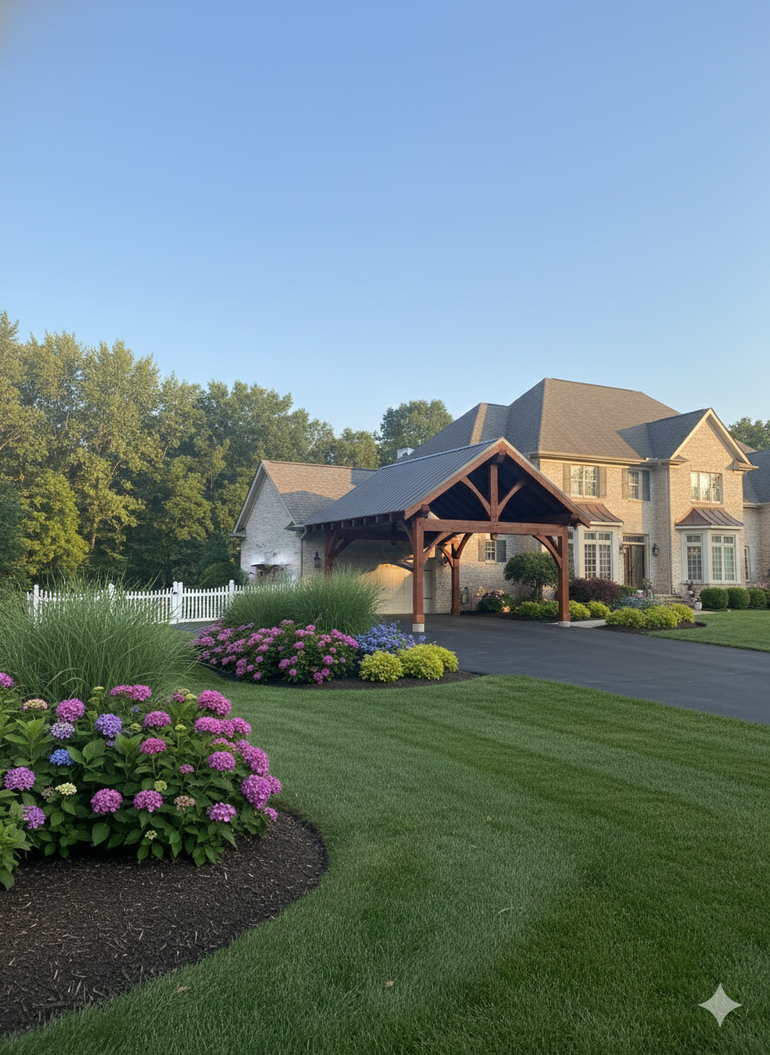 A large suburban house with a wooden portico, surrounded by a lush green lawn, flower beds, and mature trees.