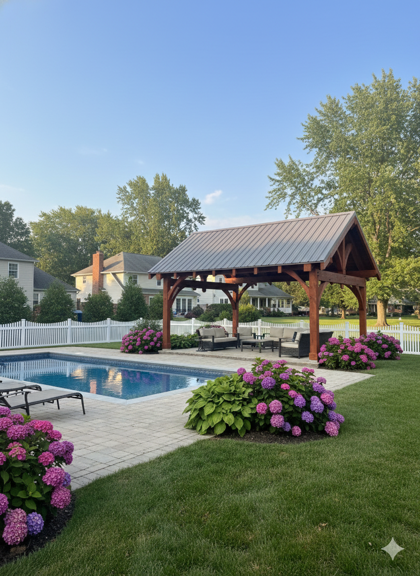A backyard pool area with a wooden pavilion, patio furniture, and blooming hydrangea bushes under a clear blue sky.
