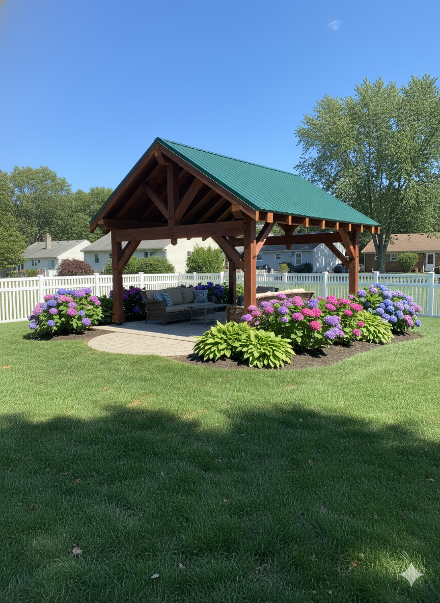 A wooden gazebo with a green roof stands in a backyard, surrounded by blooming hydrangea bushes and a white fence.