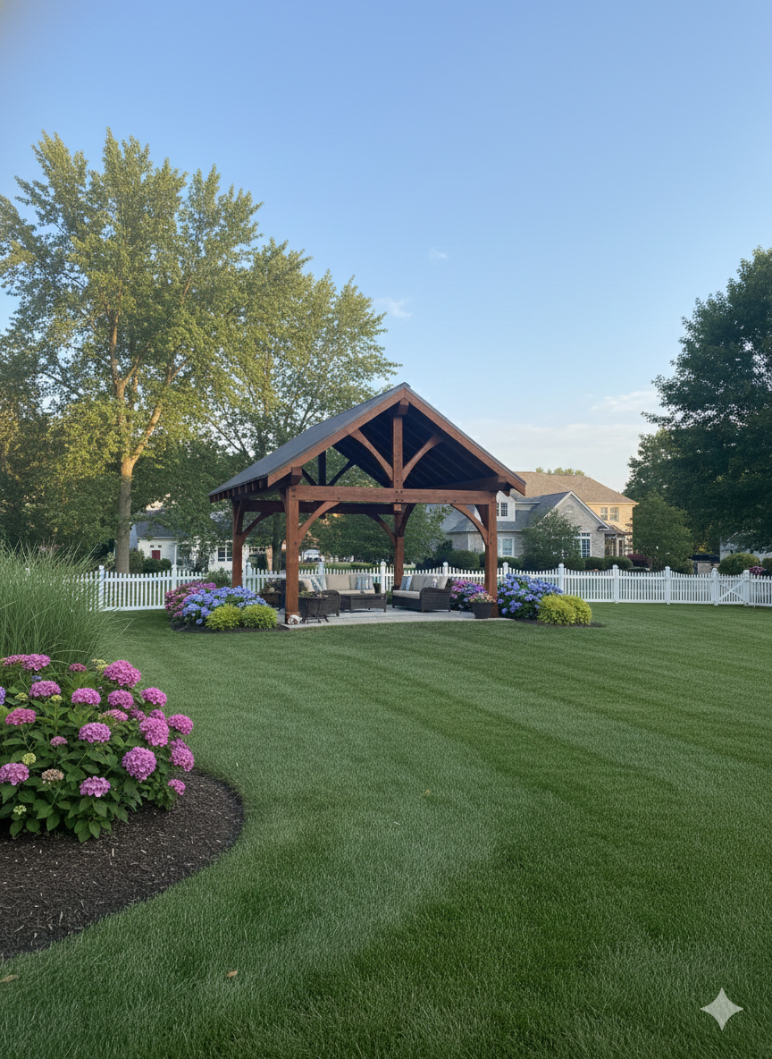 A wooden pavilion stands in a lush, green backyard, surrounded by flower beds and a white picket fence under a blue sky.