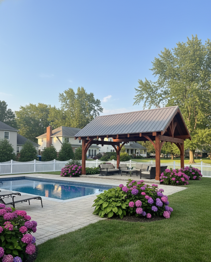 A backyard swimming pool with a stone patio, wooden pavilion by CTFS, and blooming purple hydrangeas on a sunny day.