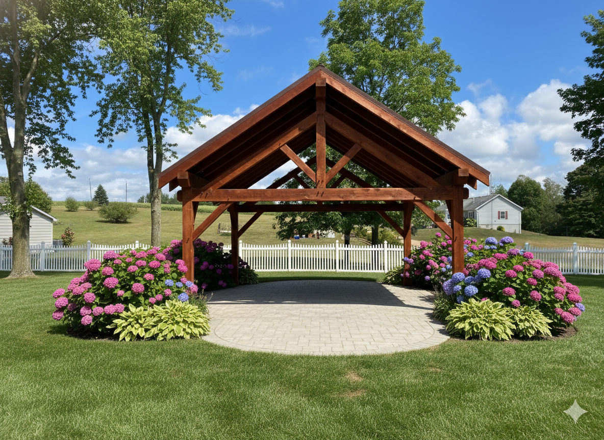 A wooden pavilion with a peaked roof stands over a circular stone patio, framed by lush pink hydrangeas and green grass.