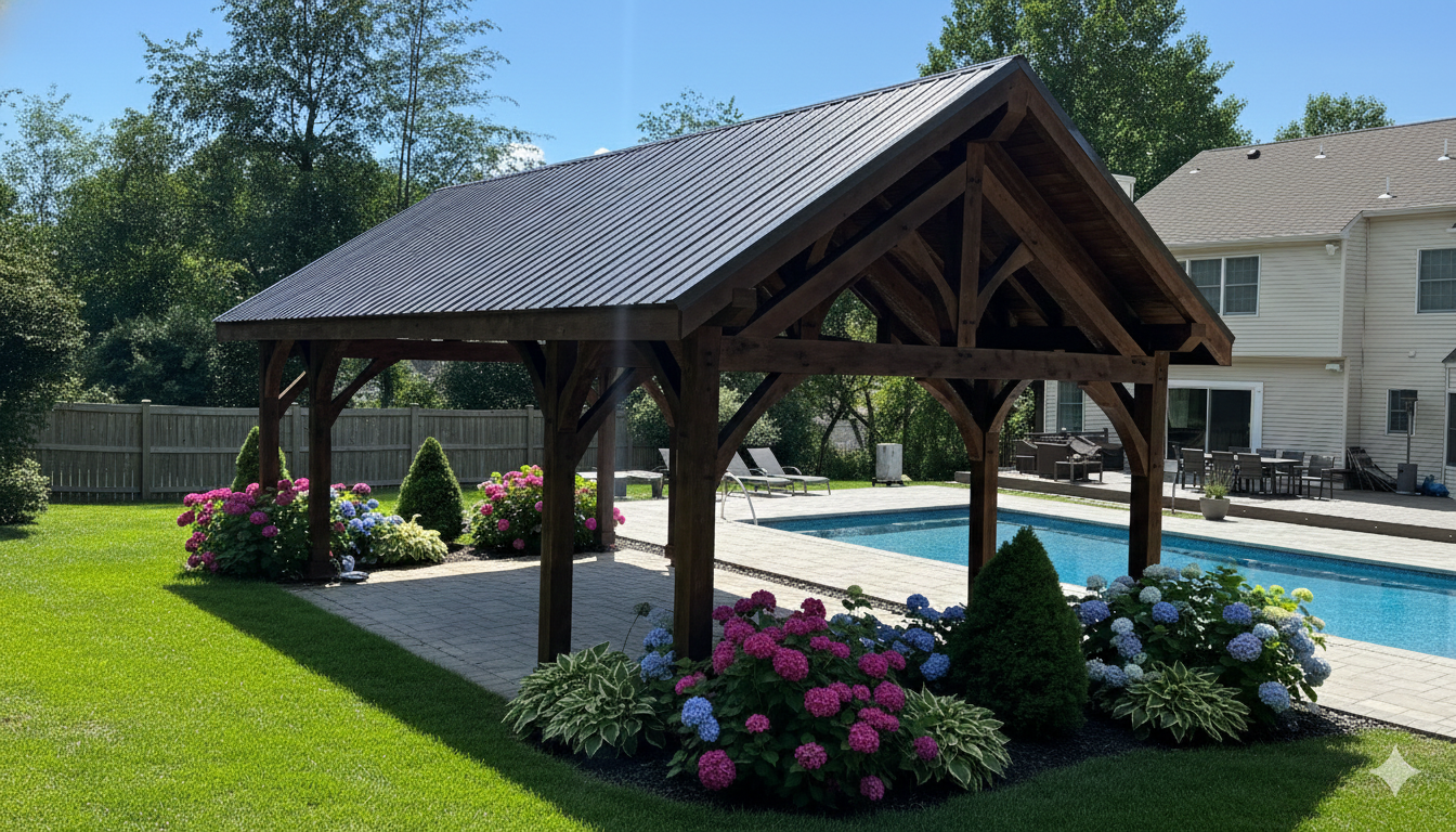 A dark wood timber-frame pavilion by Central Timber Frame Supply available for wholesale across PA, WV, VA, NJ, NY, OH