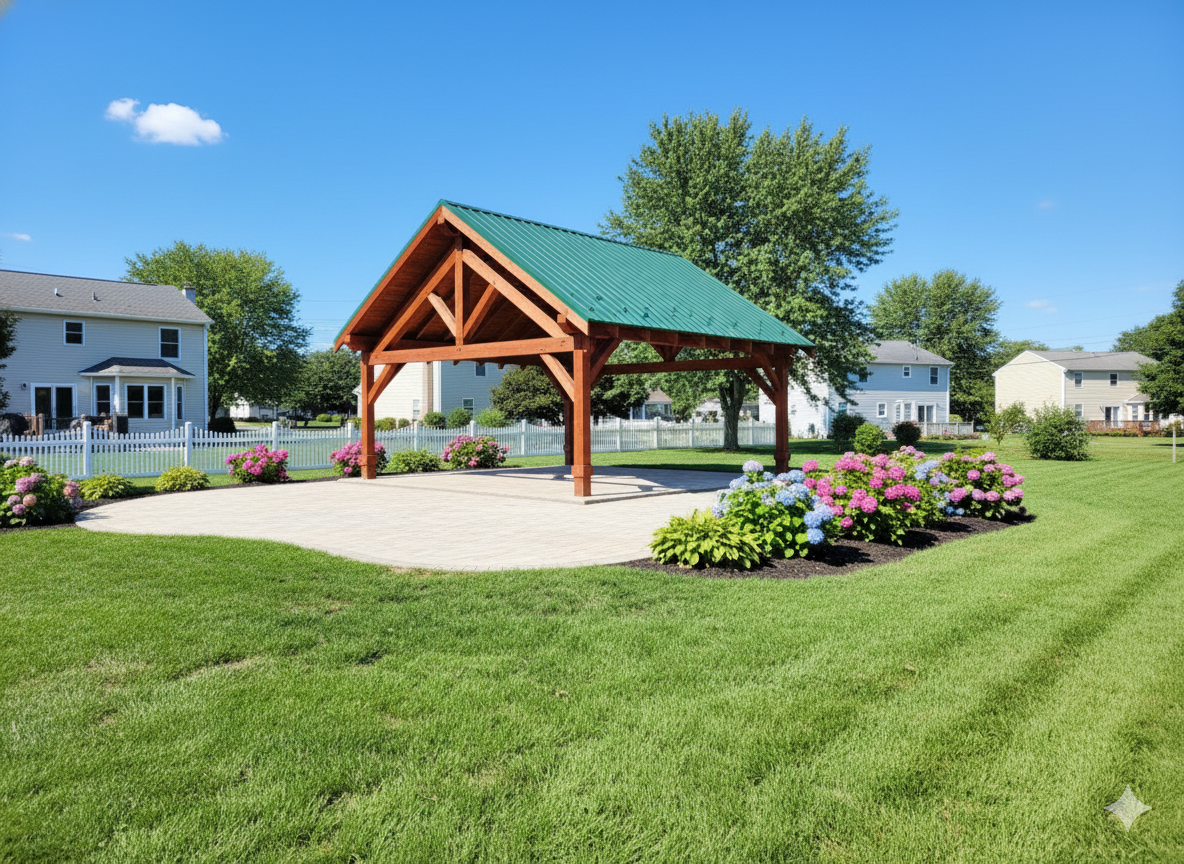 A wooden pavilion with a green roof Built by Central Timber Frame Supply available for wholesale across the United States. 