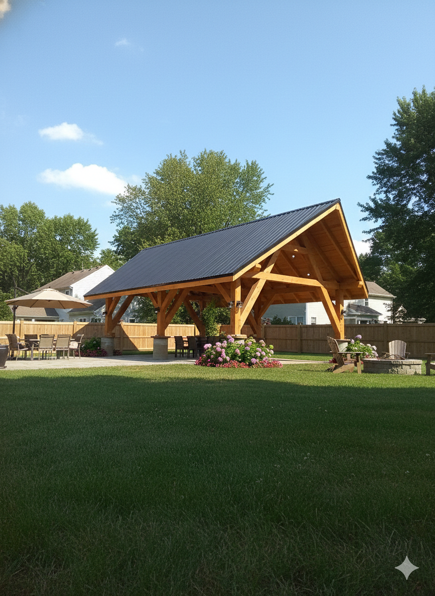 A large wooden pavilion with a dark metal roof stands in a sunny backyard with green grass and surrounding trees.
