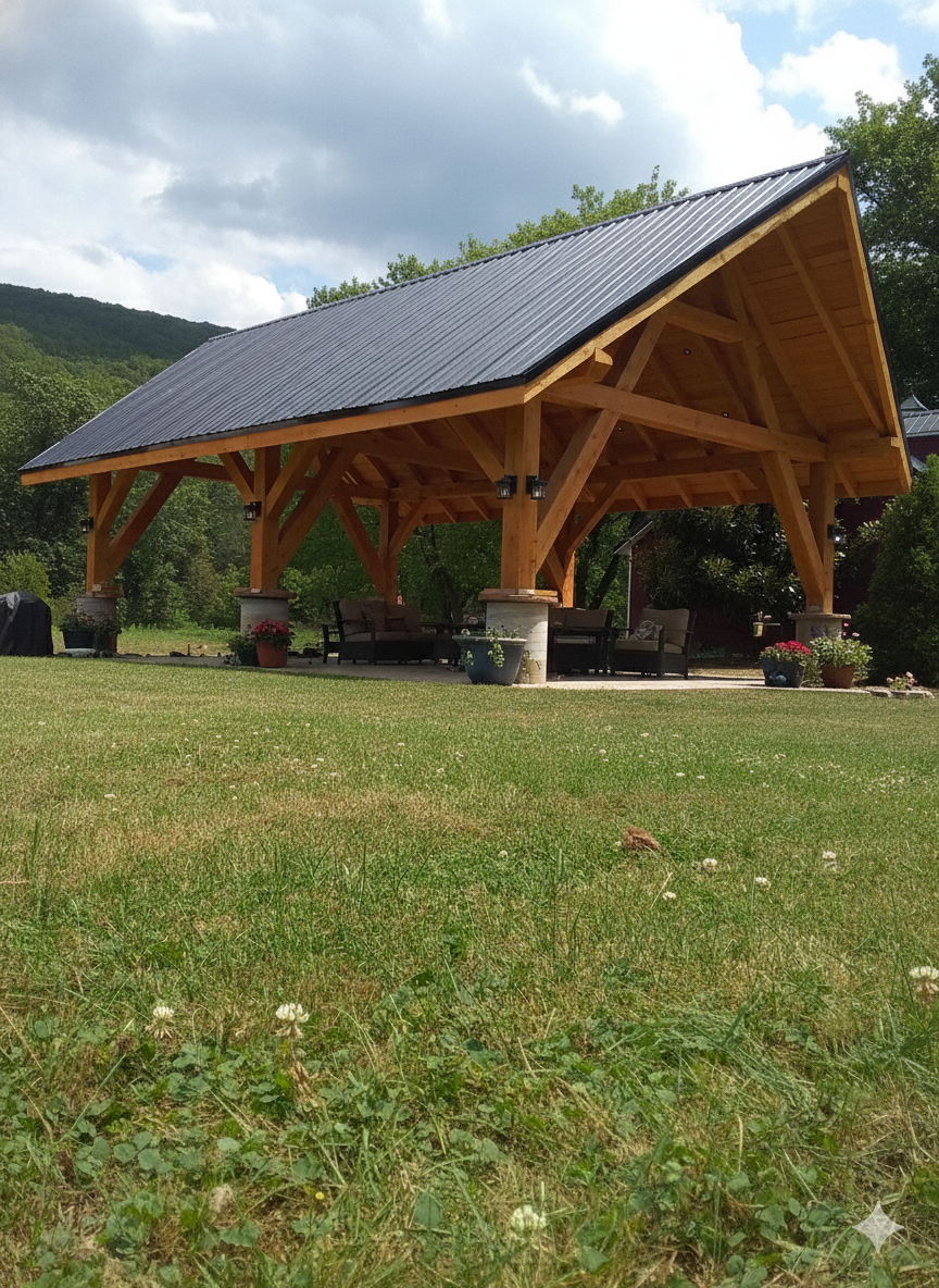 A large, open-air timber-frame pavilion with a dark gabled roof sits on a grassy lawn under a partly cloudy sky.
