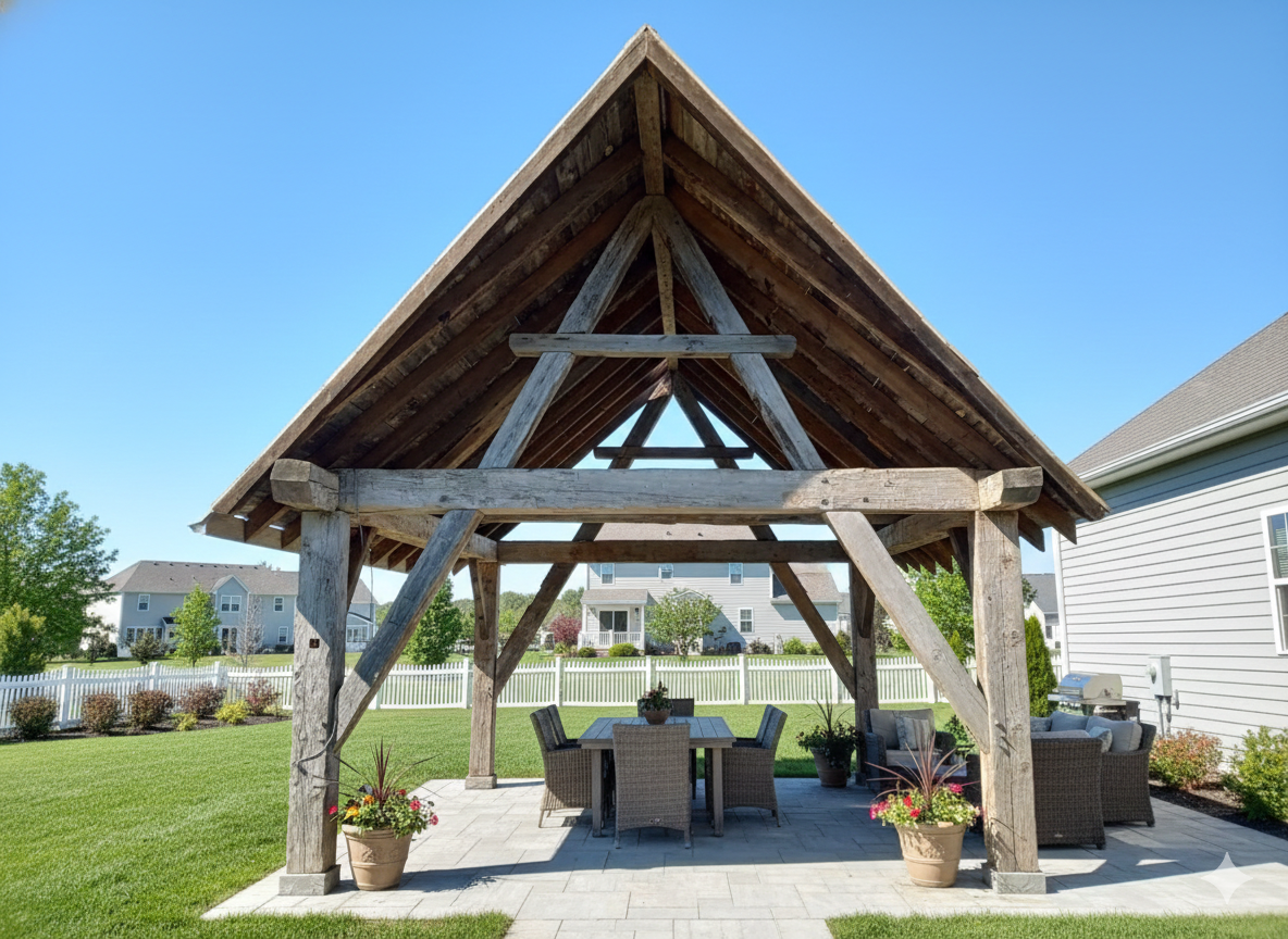 An outdoor timber-frame pavilion with a dining set on a stone patio in a grassy suburban backyard.