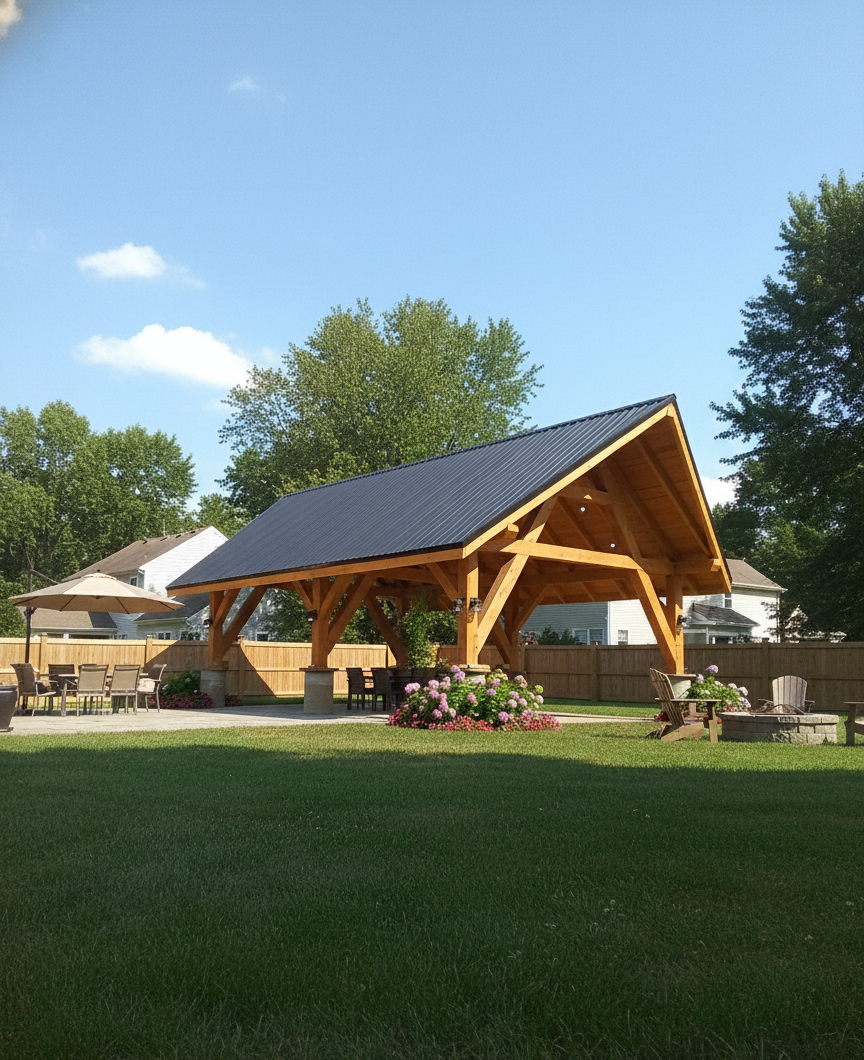 A large timber-frame outdoor pavilion with a dark metal roof in Pennsylvania . 