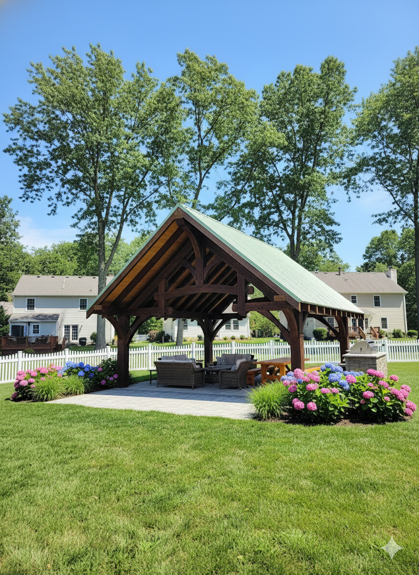 A timber-frame pavilion by CTFS with a peaked roof stands on a stone patio in a sunny backyard
