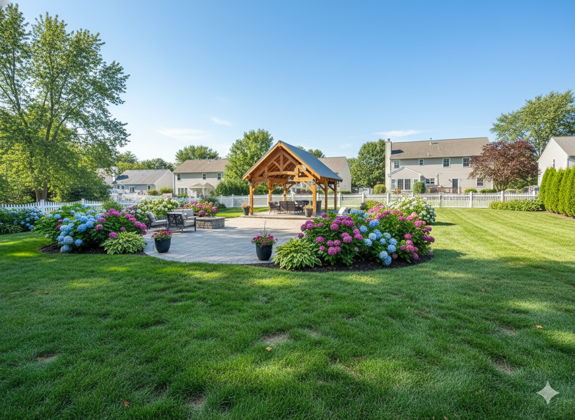 A sunny backyard featuring a stone patio, a wooden pergola with furniture, and blooming blue and pink hydrangea bushes.