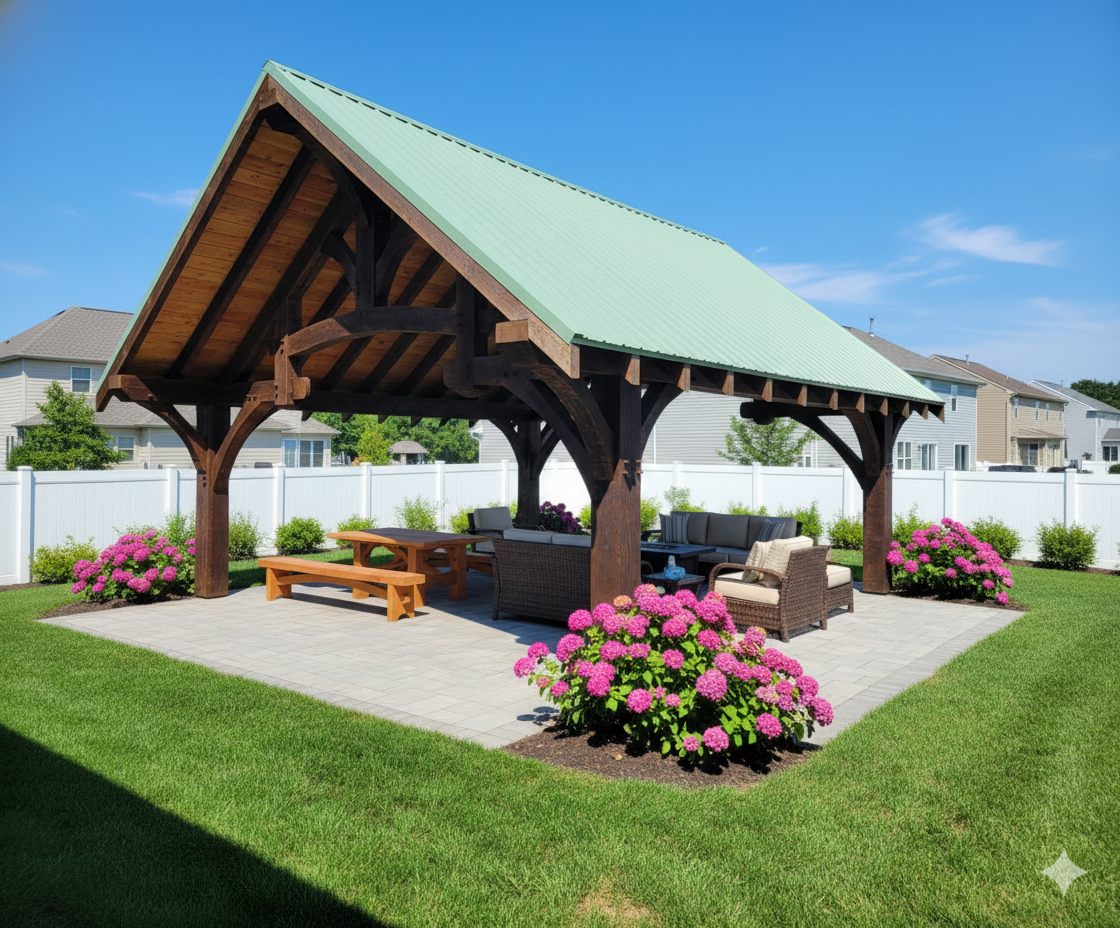A timber-framed outdoor pavilion with a green roof, patio furniture, and pink hydrangea bushes on a sunny day.