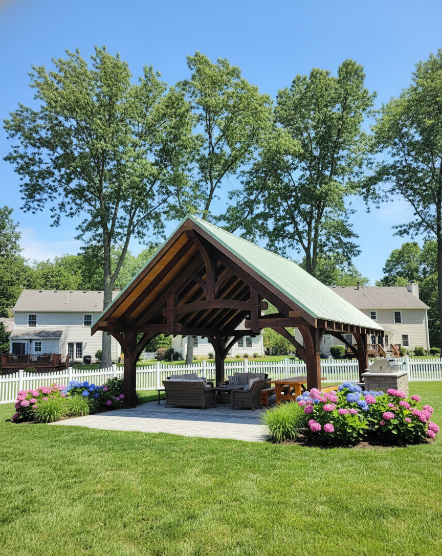 Custom King Style pavilion for wholesale to distributors and stores by Central Timber Frame Supply NY