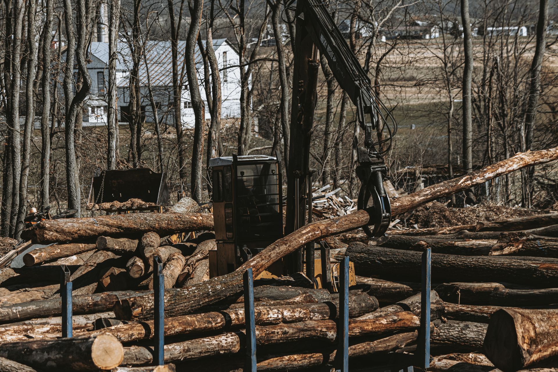 A logging machine uses a mechanical claw to lift a log from Central Timber Frame Supply. 