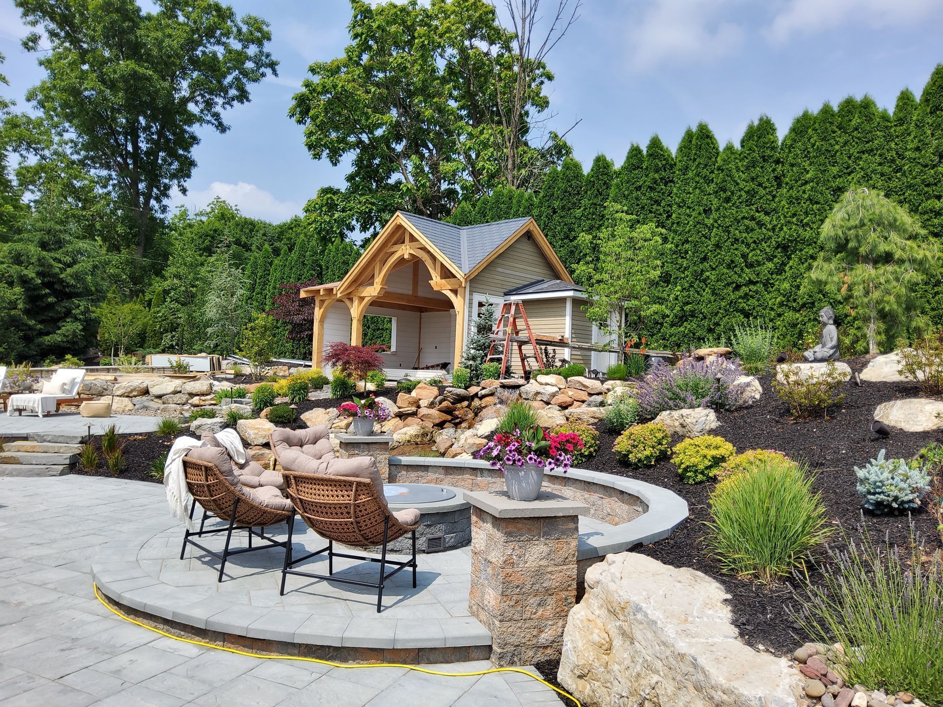Pavilion customized in a residential garden by Central Timber Frame Supply available for wholesale across the United States