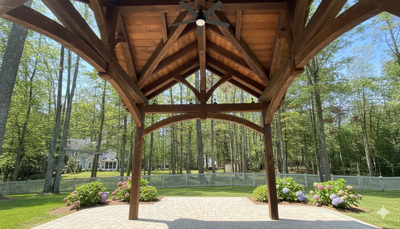 A wooden pavilion frame with a vaulted ceiling stands over a paved patio, overlooking a lush green yard with trees.