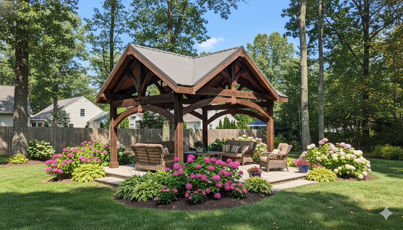 A wooden pavilion with a dark peaked roof sits on a stone patio in a lush backyard surrounded by hydrangea bushes.