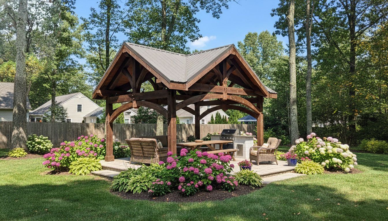 A wooden timber-frame pavilion with patio furniture and a stone fireplace, surrounded by blooming hydrangea bushes.