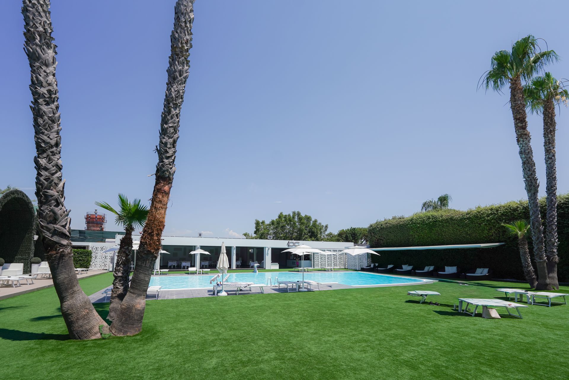 Piscina del resort circondata da palme, con lettini bianchi e un prato verde sotto un cielo azzurro limpido.