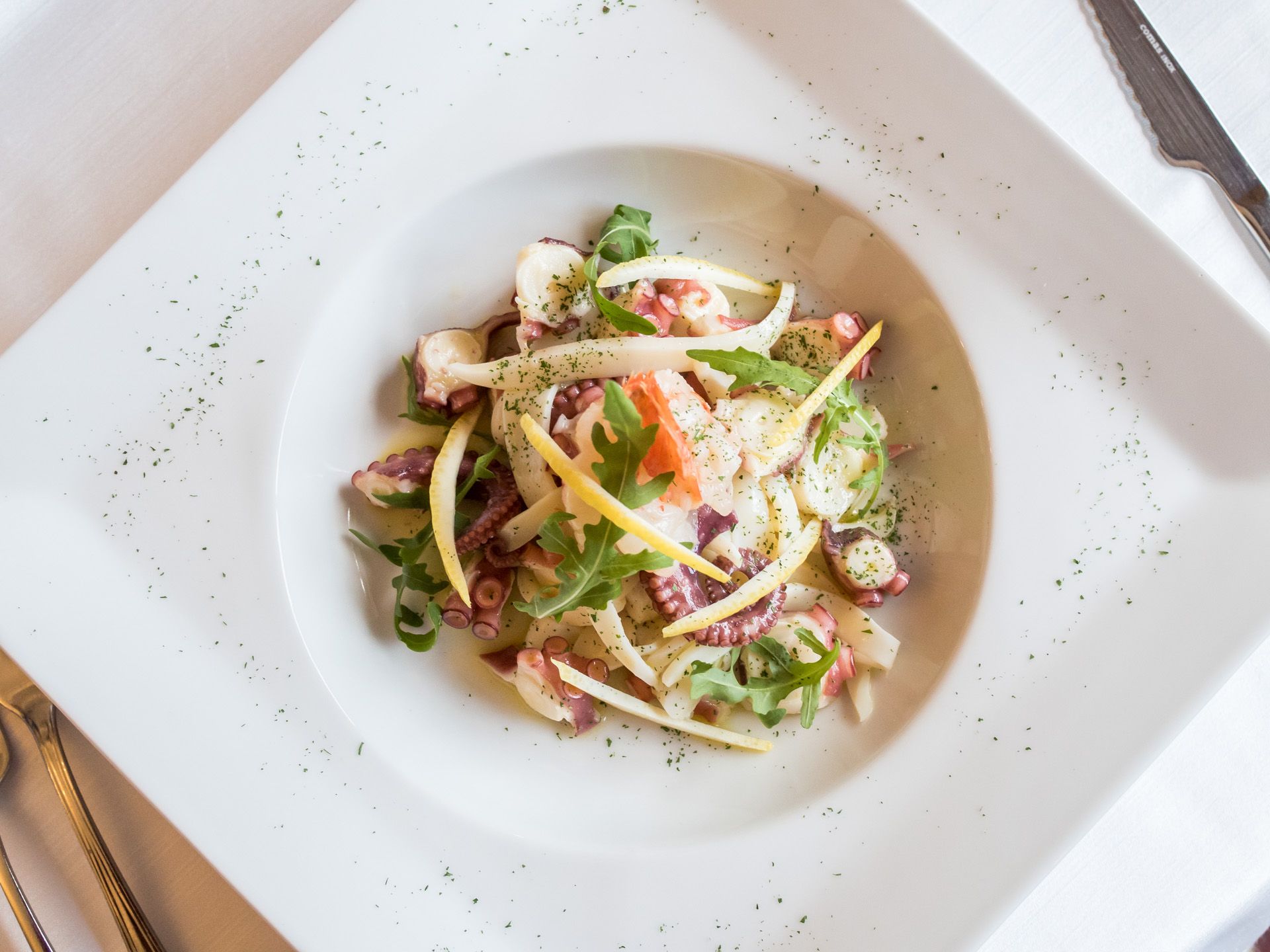 Ciotola bianca di insalata colorata con verdure a foglia verde, ortaggi tagliati a julienne e condimento su un piatto quadrato.
