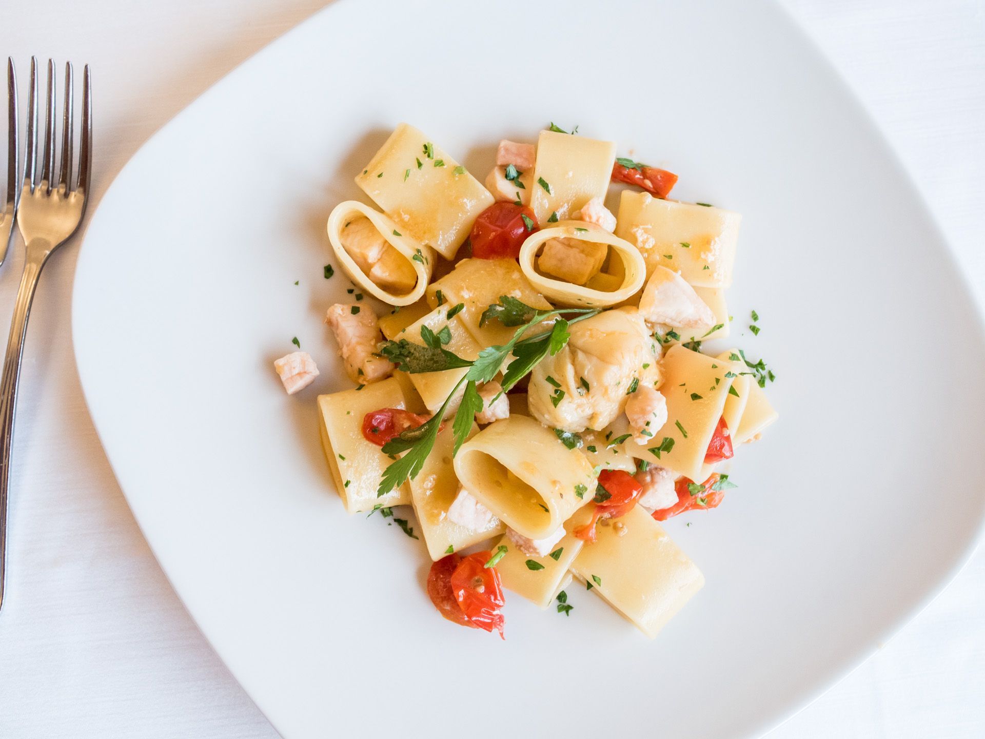 Pasta con frutti di mare ed erbe aromatiche servita su un piatto bianco, vista dall'alto.
