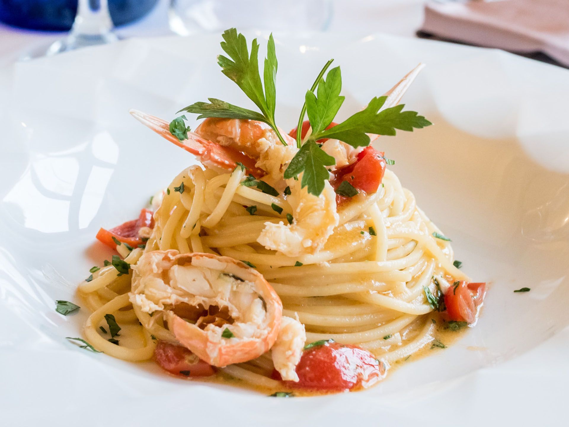 Spaghetti impiattati con gamberi, pezzetti di pomodoro e prezzemolo, serviti su un piatto bianco.