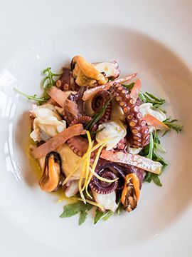 Insalata di mare con polpo, cozze e verdure su un piatto bianco.