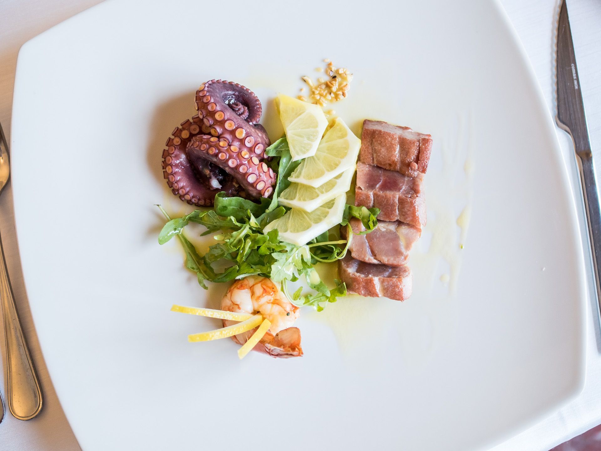 Polpo e carne a fette con verdure e limone su un piatto bianco