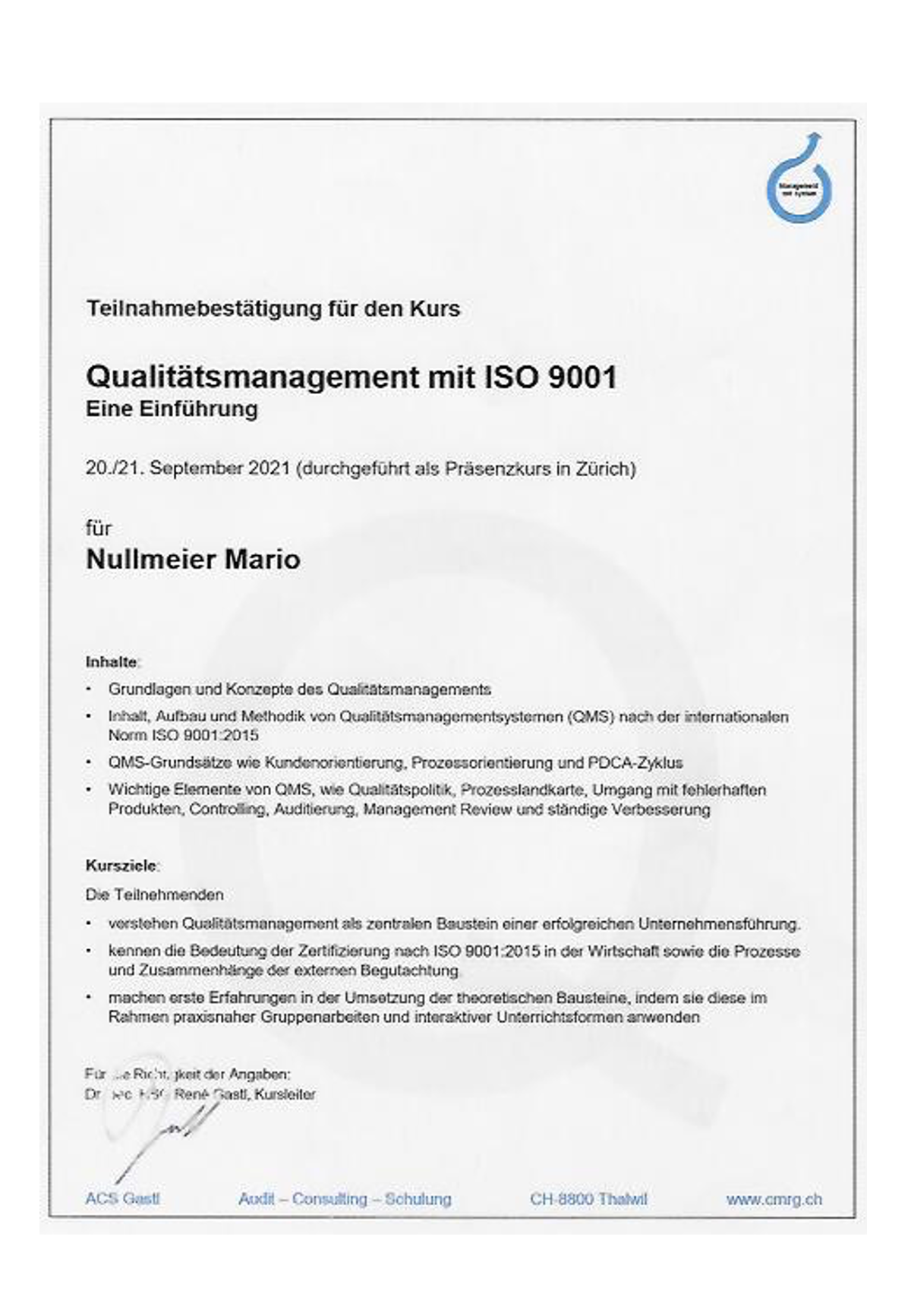 Zertificate QM