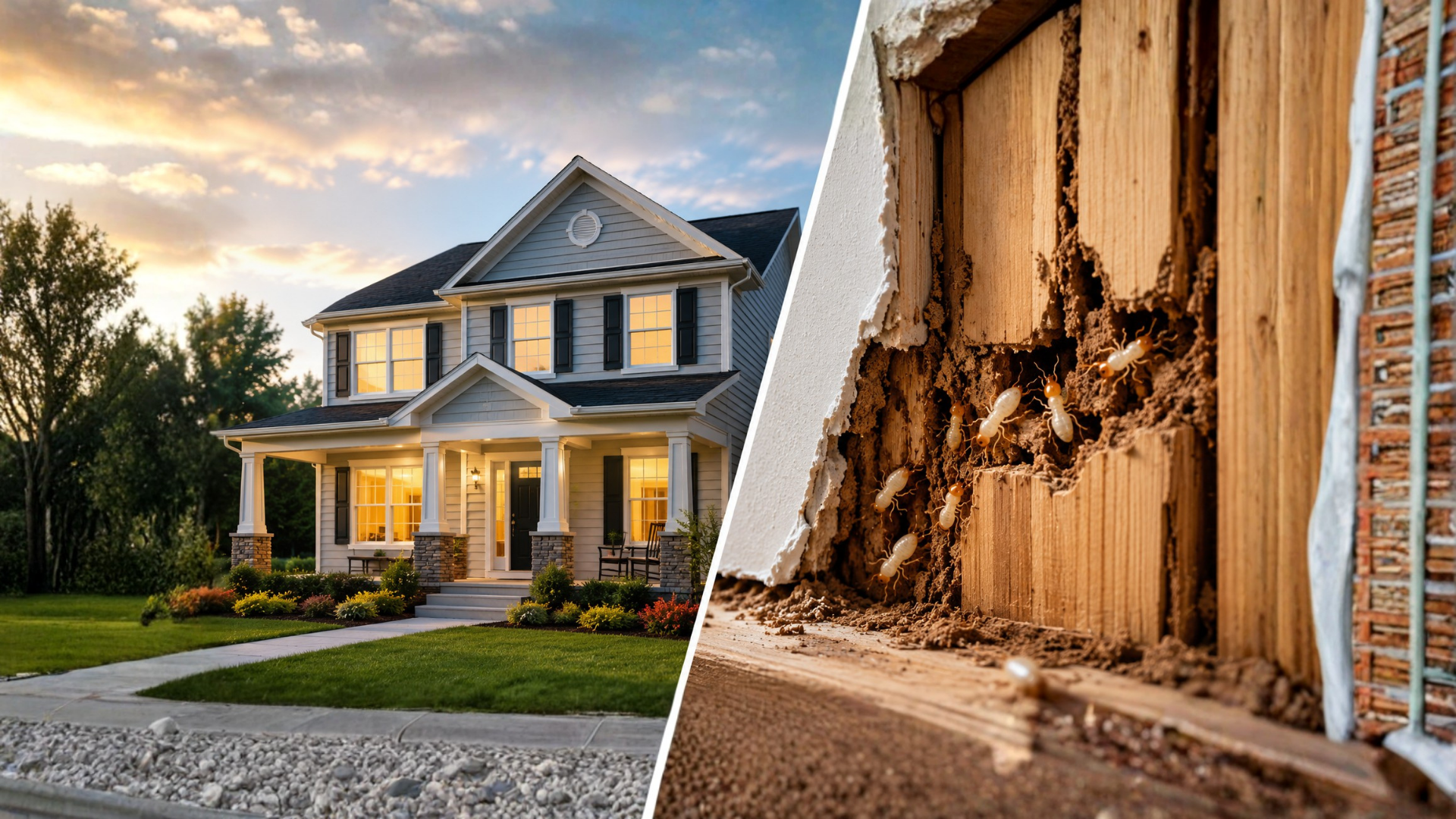 Split image of a suburban house at sunset and severe wall damage with exposed wood and insulation