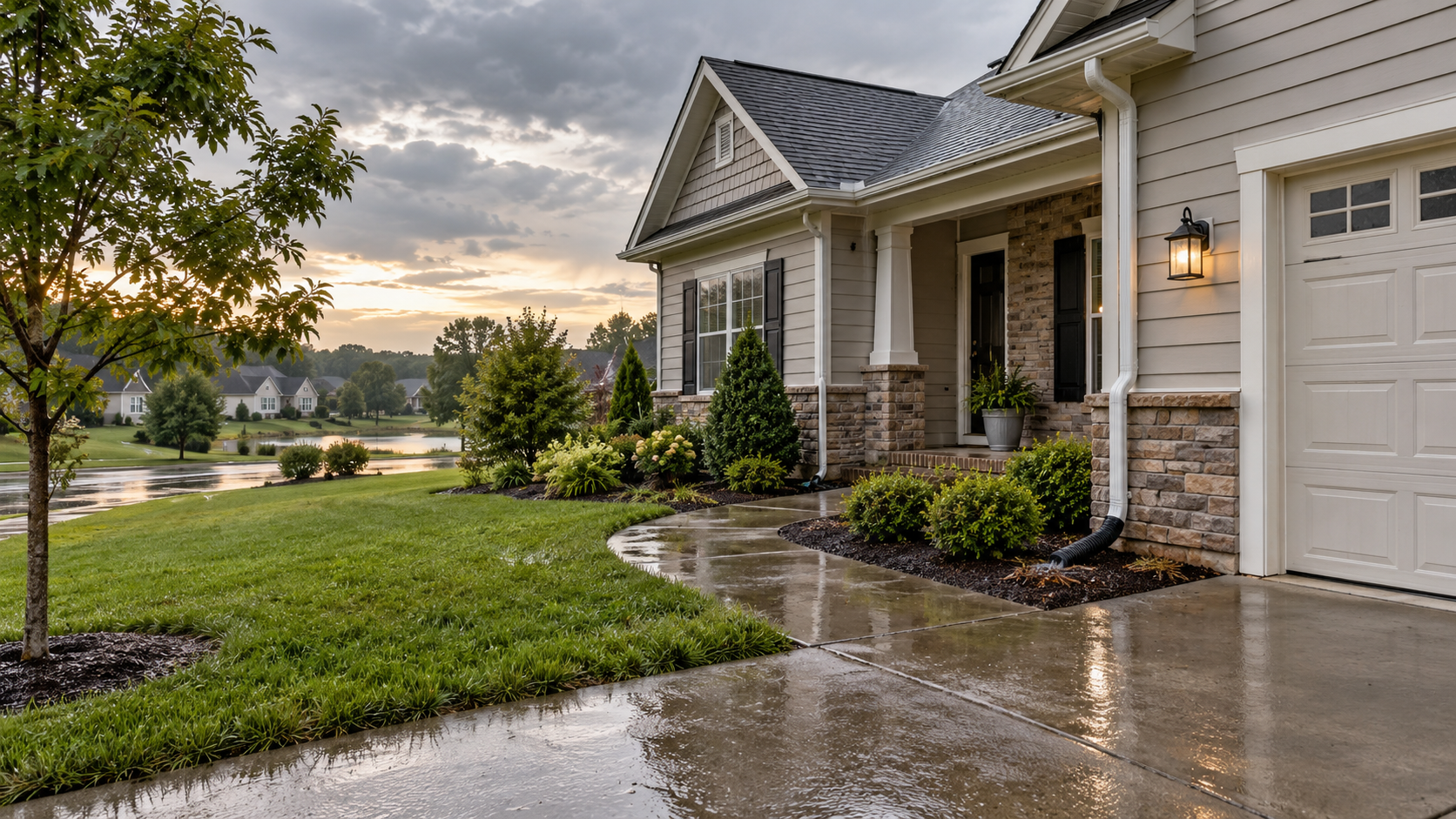 Suburban house with a wet driveway, green lawn, and cloudy evening sky.