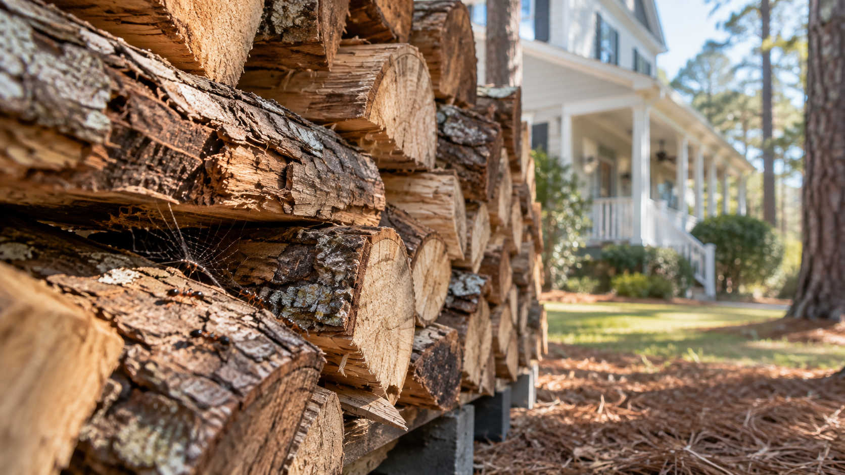 Stacked firewood beside a white house in a sunny yard with pine trees and a porch in the background