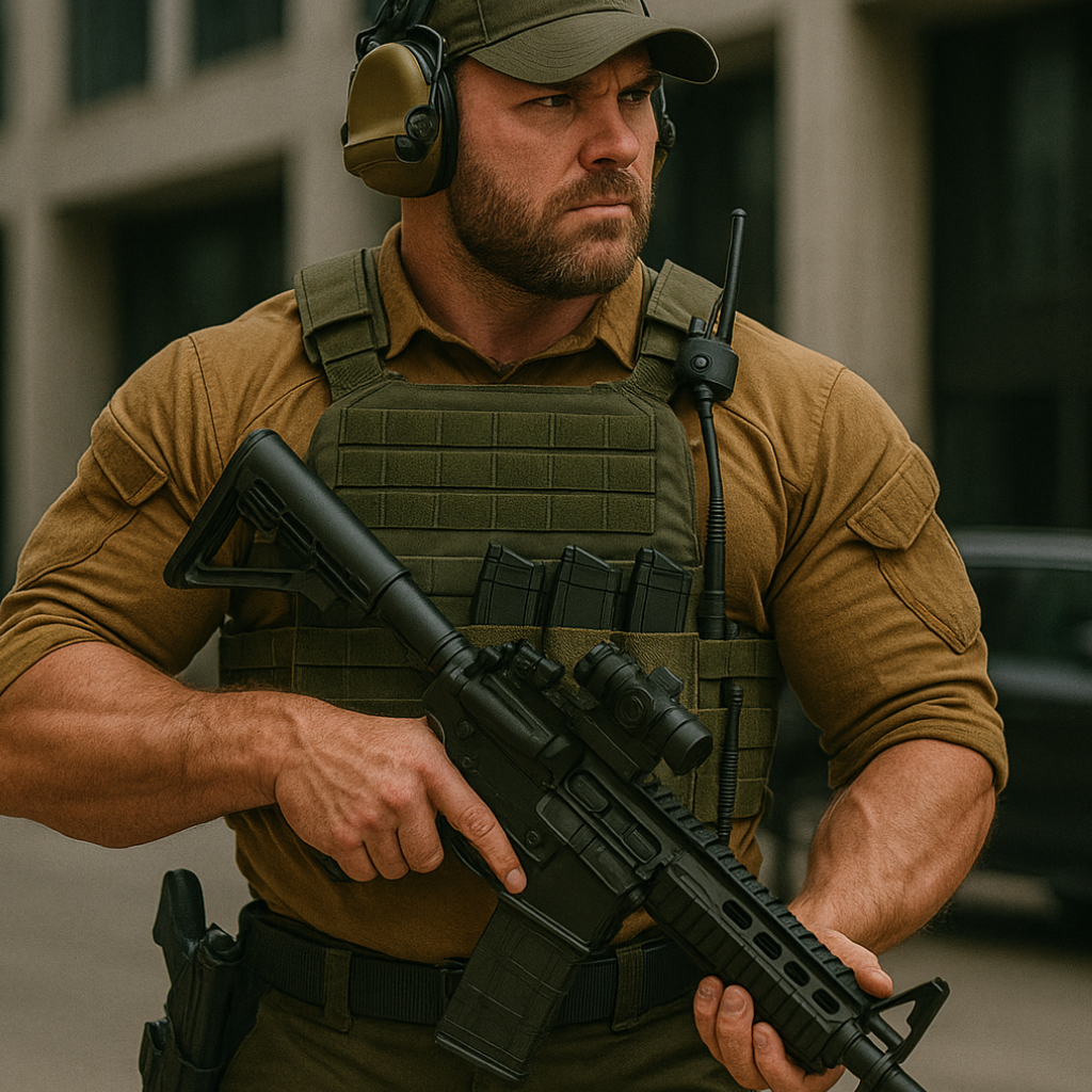 A man in tactical gear holds a rifle, looking alert. He wears a green vest, tan shirt, and ear protection outdoors.