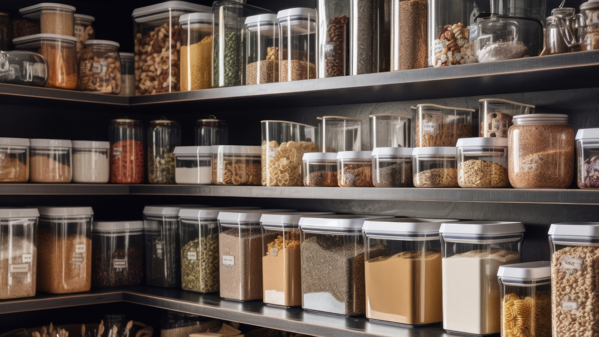 Organized pantry shelves filled with various dry goods stored in clear, stackable plastic containers with white lids.