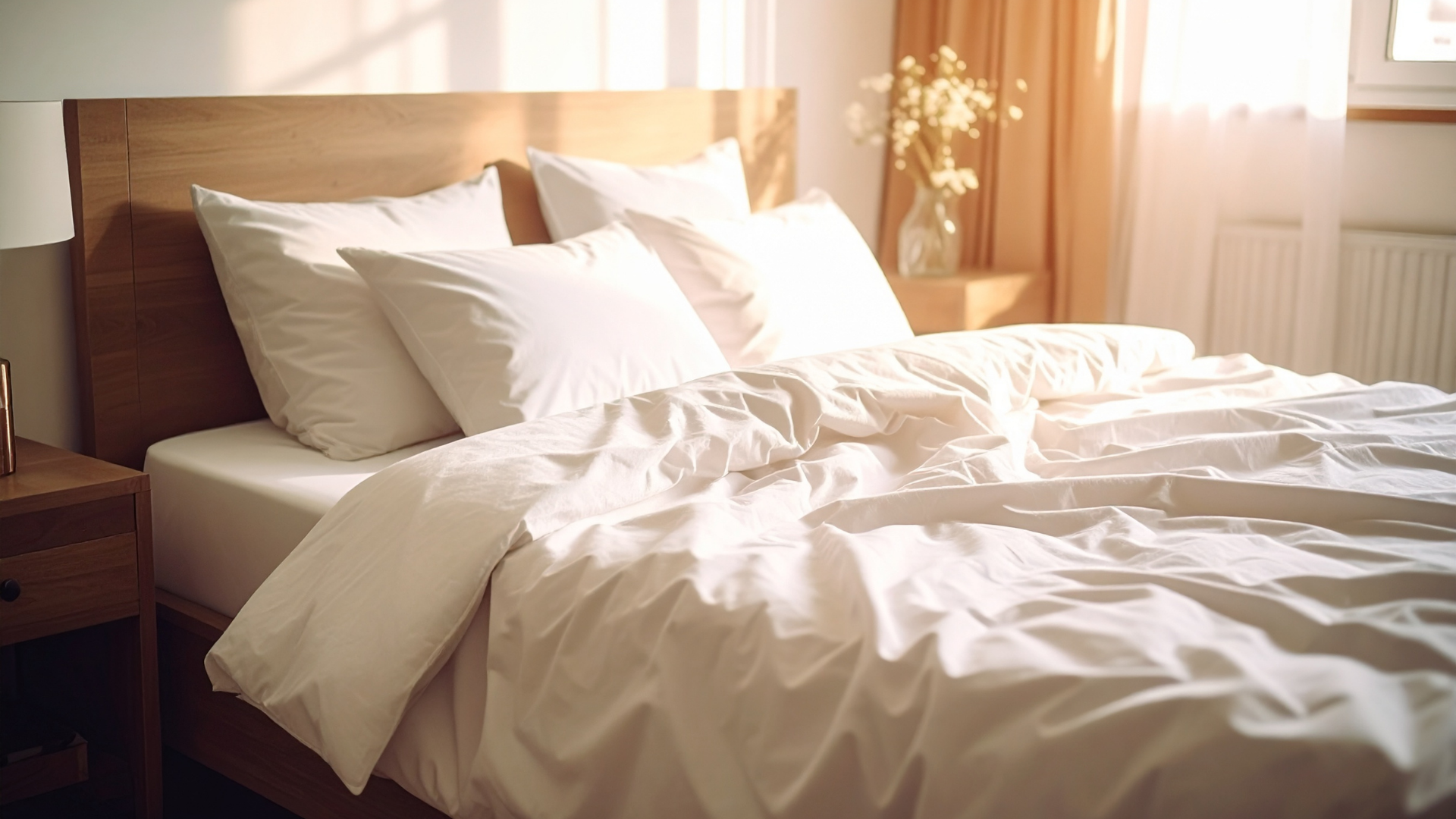 Sunlit bedroom with an unmade bed, white bedding, and warm wooden furniture