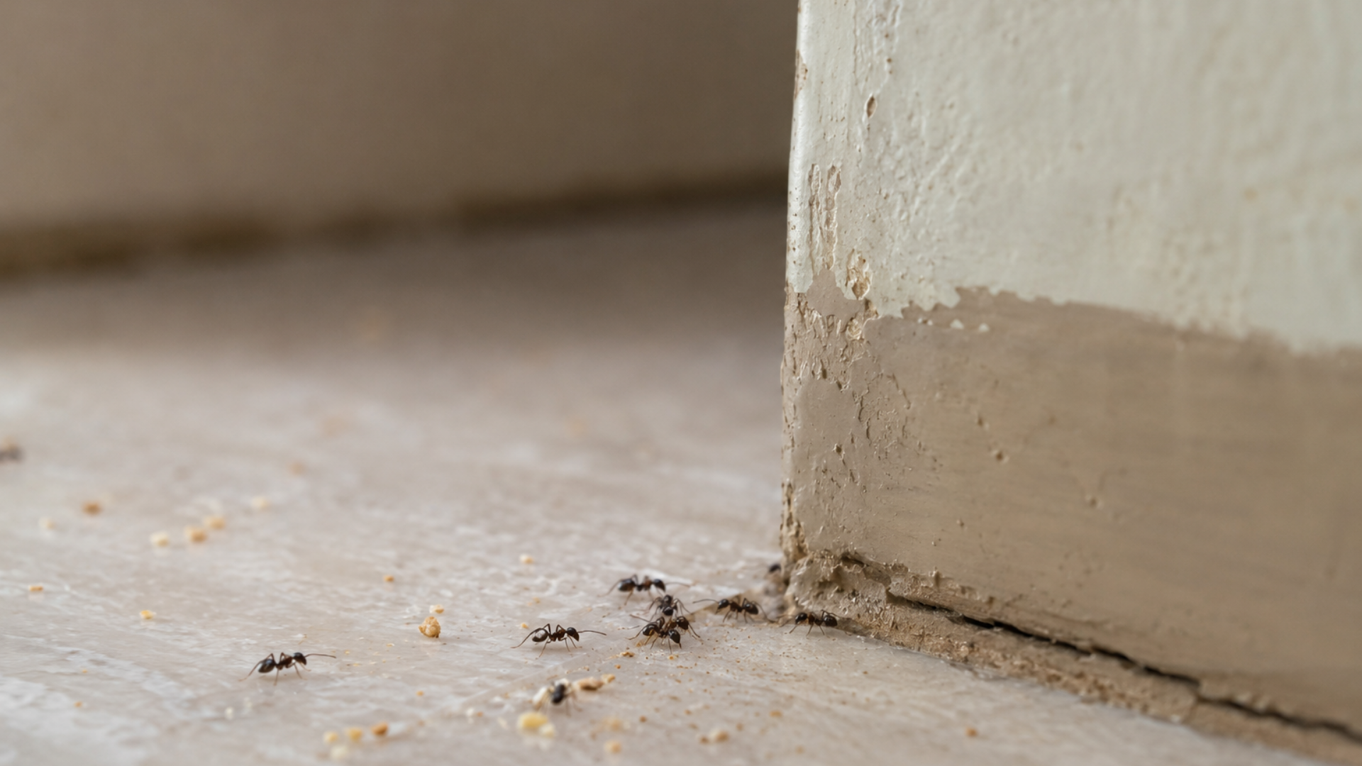 Close-up of a dirty floor corner with small crumbs and debris beside a white wall trim