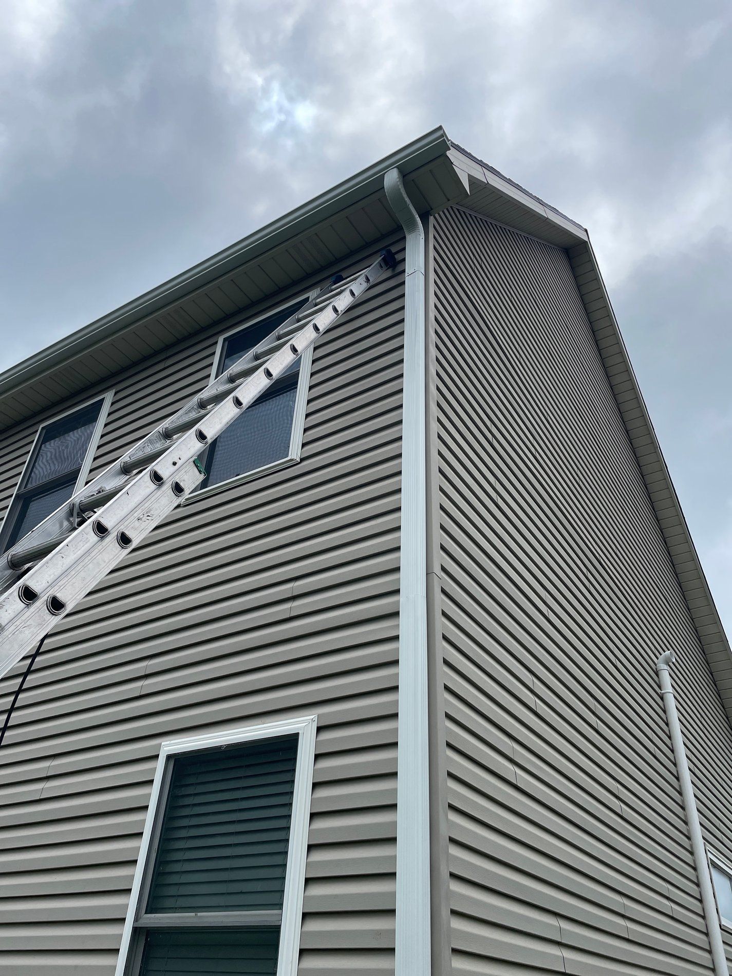 Extension ladder leaning against a gray house siding near an upper window and roofline