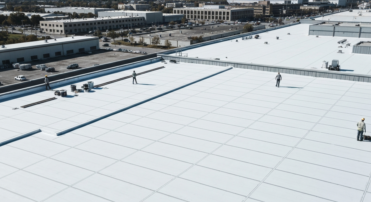 Workers on a large white rooftop installing membrane roofing under a city skyline