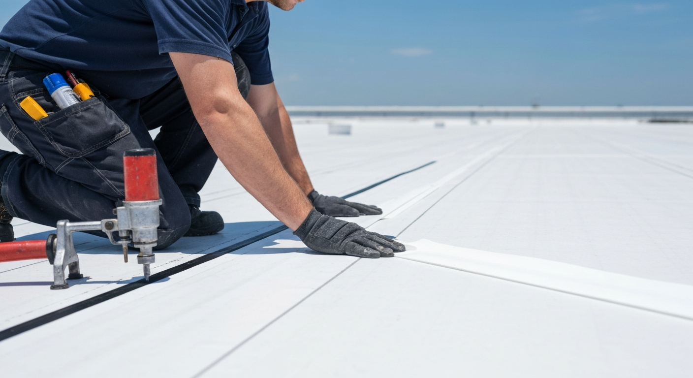 Worker installing roofing membrane on a flat white rooftop with tools nearby