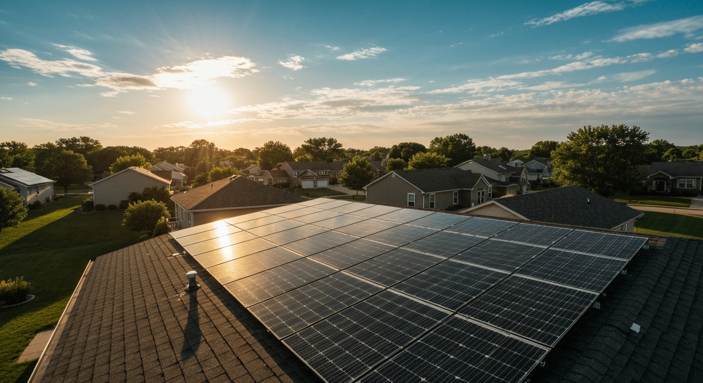Solar panels on a rooftop at sunset in a suburban neighborhood