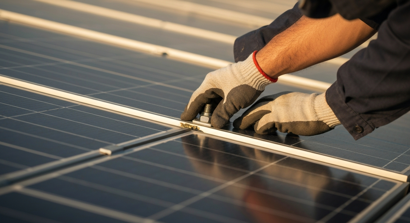 Gloved hands installing a solar panel in sunlight