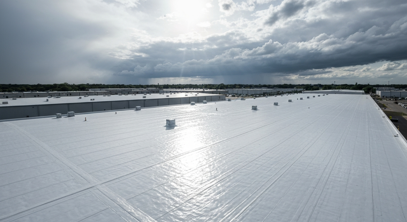 Rooftop with white reflective surface under cloudy sky, with small vents and distant horizon