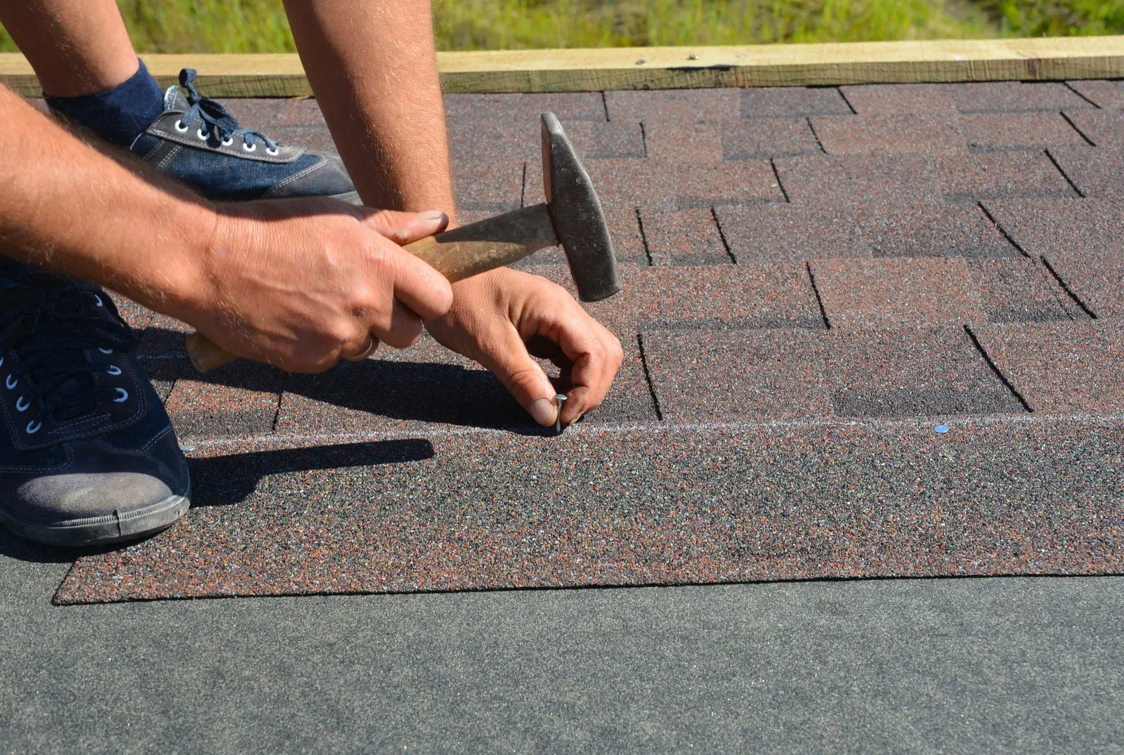 Hands nailing asphalt shingles on a roof during installation.