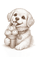 Coppa gelato per cani in una ciotola con l'impronta di una zampa, guarnita con una ciliegia e dolcetti a forma di osso.