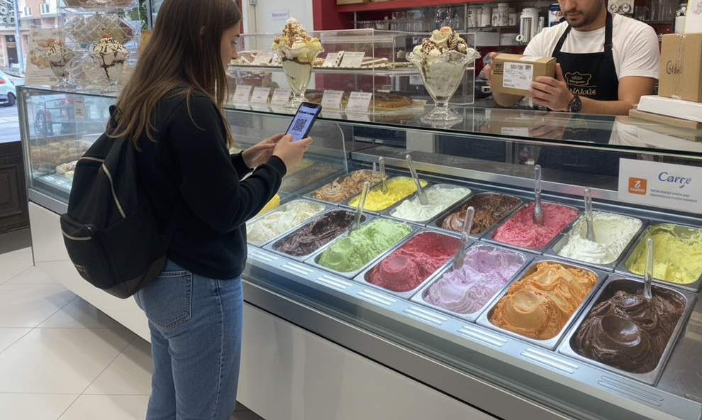Donna che usa il telefono davanti alla vetrina del gelato; un membro del personale dietro al bancone versa il gelato nel contenitore.