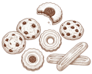 Assortimento di biscotti, tra cui quelli con gocce di cioccolato, quelli sandwich e quelli di pasta frolla, illustrati con inchiostro marrone.