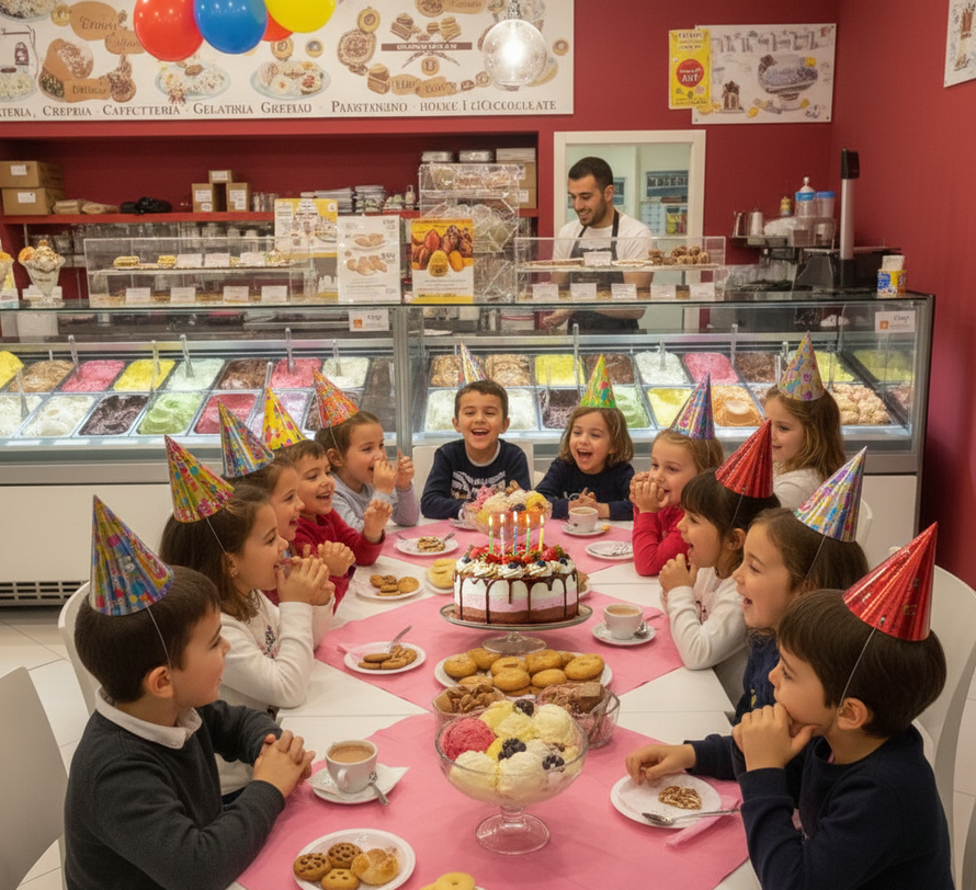 Bambini a una festa di compleanno, seduti attorno a un tavolo con torta e dolcetti in una gelateria.