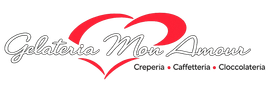 Logo per Gelateria Mani Amici, cuore rosso sopra il nome con elenco dei prodotti sotto.