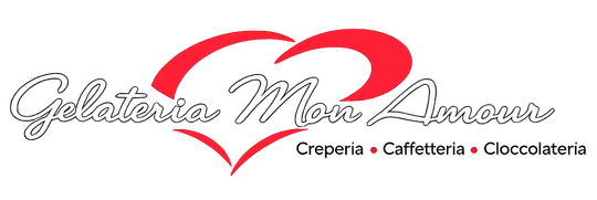 Logo per Gelateria Mani Amici, cuore rosso sopra il nome con elenco dei prodotti sotto.