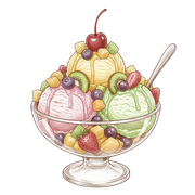 Coppa gelato con tre palline, frutta e ciliegia in una ciotola di vetro.